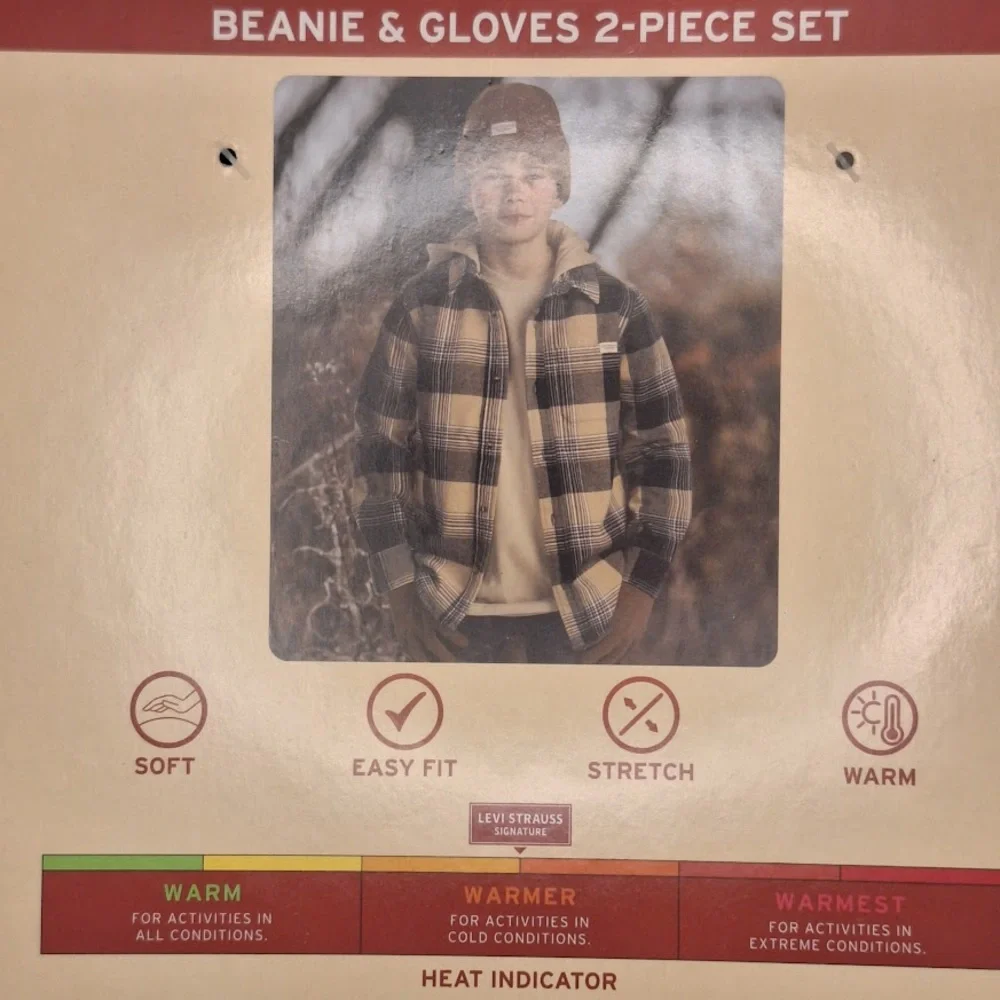 Levi Strauss Kids Beanie & Gloves Set Jet Black One Size Warm NEW